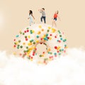 Playful happy children, boy and girls cheerfully walking on sweet donut. Dreams of kids. Contemporary art collage.