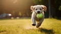 A playful happy dog is playing, running and carrying a ball.Generative AI Royalty Free Stock Photo