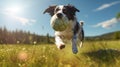 A playful happy dog is playing, running and carrying a ball.Generative AI Royalty Free Stock Photo