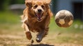 A playful happy dog is playing, running and carrying a ball.Generative AI Royalty Free Stock Photo