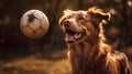 A playful happy dog is playing, running and carrying a ball.Generative AI Royalty Free Stock Photo