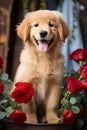 Playful and Happy Labrador Retriever Puppy with Red Roses in a Vertical Portrait Royalty Free Stock Photo