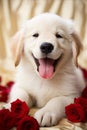 Playful and Happy Labrador Retriever Puppy with Red Roses in a Vertical Portrait Royalty Free Stock Photo