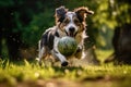 Playful happy pet dog running in grass and playing with ball. Puppy playing outdoors in park Royalty Free Stock Photo