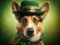 A big smiling cute dog in green shamrock costume sits on yellow background, St. patrick\'s day theme generative AI Royalty Free Stock Photo