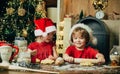 Playful holiday bakers. Two cute boys with santa hat. Milk and cookies for Santa Claus. Cookie on Christmas Eve as a