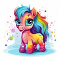 Playful horse baby set illustration for kids. Colorful baby horse with long hair playing on a white background. Playful horse baby