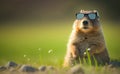 Groundhog in sunglasses on the snow, blurred green grass background, happy groundhog day concept, generative AI