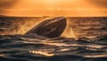 Playful humpback whale splashing in sunset waves generated by AI