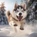 Playful Husky Puppy Running Through Snow: Photorealistic Winter Rendering