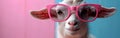 Fun Easter Animal Banner: Closeup of Quirky White Goat with Pink Sunglasses