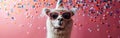 Festive Alpaca with Party Hat and Sunglasses Celebrating Birthday, New Year\'s Eve, or Other Celebrations on Pink Confetti