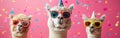 Festive Alpaca with Party Hat & Sunglasses on Pink Background - Perfect for Celebrations - Funny Animals Card or Banner