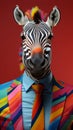 A playful and imaginative image featuring a person\'s body in a business shirt combined with the head of a majestic zebra
