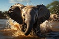 Playful infant elephant joyfully frolics in water puddle, radiating pure delight