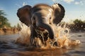 Playful infant elephant joyfully frolics in water puddle, radiating pure delight