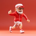 Playful And Ironic 8k 3d Figure Of An Old Man Running In A Red Jacket