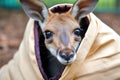 playful kangaroo joey sticking its head out of pouch, with curious expression