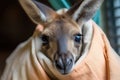 playful kangaroo joey sticking its head out of pouch, with curious expression