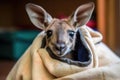 playful kangaroo joey sticking its head out of pouch, with curious expression