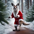 A playful kangaroo in a Santa costume hopping through a snowy forest3