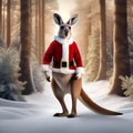 A playful kangaroo in a Santa costume hopping through a snowy forest4