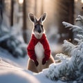 A playful kangaroo in a Santa costume hopping through a snowy forest1