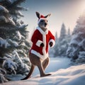 A playful kangaroo in a Santa costume hopping through a snowy forest5