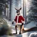 A playful kangaroo in a Santa costume hopping through a snowy forest2