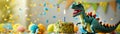 Playful kids birthday scene featuring toy dinosaur blowing out candle on colorful sprinkled cake surrounded by