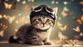 A playful kitten with an amused expression, wearing a tiny aviator hat and goggles,