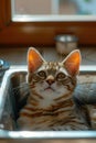 Cute Kitten Sitting in a Kitchen Sink with Sunlight Streaming Through a Window Capturing Its Playful and Curious Expression Royalty Free Stock Photo