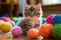 A playful kitten batting at a ball of yarn.