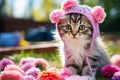 A playful kitten batting at a ball of yarn.