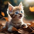 A playful kitten with bright eyes, pouncing on a fallen leaf3