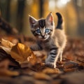 A playful kitten with bright eyes, pouncing on a fallen leaf1