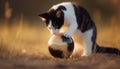 Playful kitten catching ball in meadow, beauty in nature sunset generated by AI