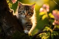 A playful kitten climbing up a tree branch.