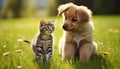 Playful kitten and dog enjoying sunny day on lawn with blurred background and text space