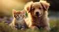 Playful kitten and dog on lawn, bright summer day, blurred background, copy space for text placement