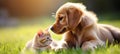 Playful kitten and dog on sunlit lawn with blurred background, perfect for text placement