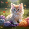 Playful kitten enjoys colorful yarn on grassy field, Generative AI