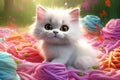 Playful kitten enjoys colorful yarn on grassy field, Generative AI