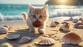 Ginger Kitten on Sandy Beach Holding Coconut Shell, Surrounded by Seashells at Sunset. Royalty Free Stock Photo