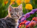 A playful kitten exploring a colorful garden during spring