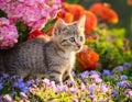 A playful kitten exploring a colorful garden during spring