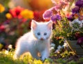 A playful kitten exploring a colorful garden during spring