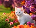 A playful kitten exploring a colorful garden during spring