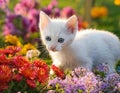 A playful kitten exploring a colorful garden during spring