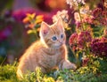 A playful kitten exploring a colorful garden during spring
